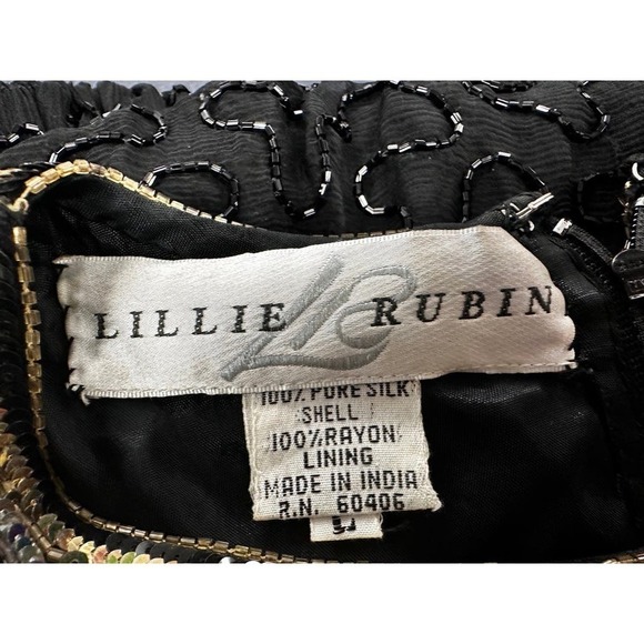Mob wife era 80s VTG Lillie Rubin Blk/Gld Sequined Silk Hobble Dress Black Sz L - Picture 9 of 9